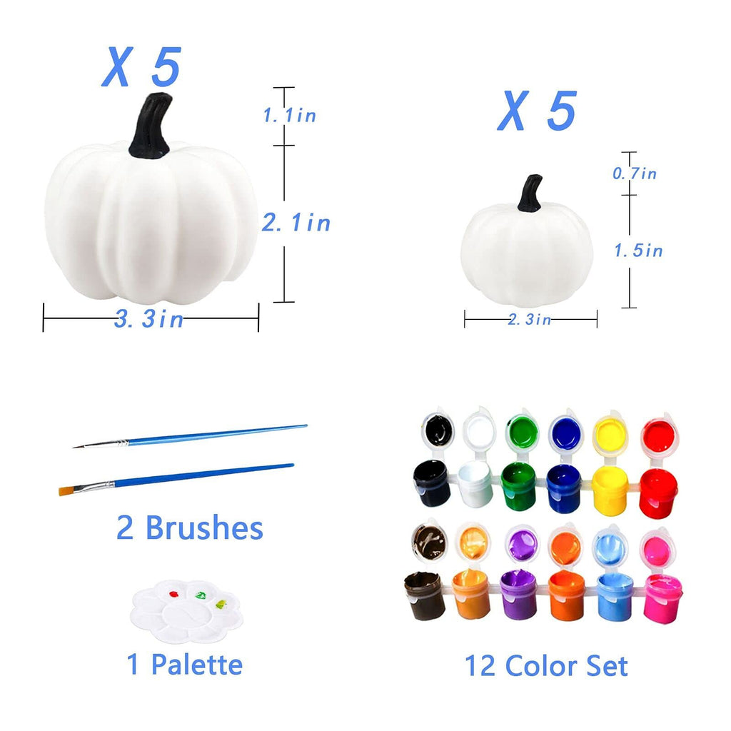 Paint-your-own pumpkin decorating kit contents: two sizes of white pumpkins, two brushes, one palette, and a 12-color paint set.