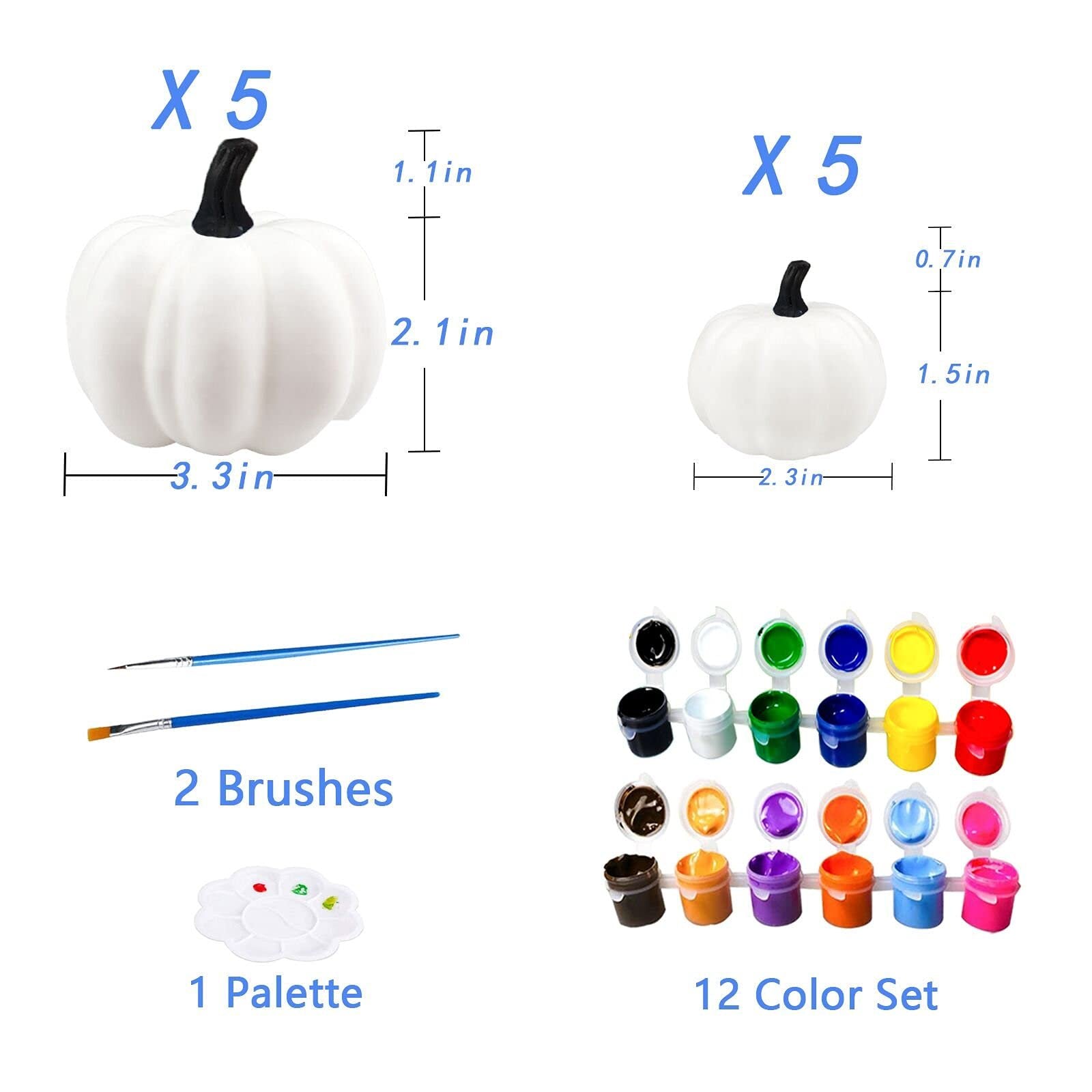 Paint-your-own pumpkin decorating kit contents: two sizes of white pumpkins, two brushes, one palette, and a 12-color paint set.