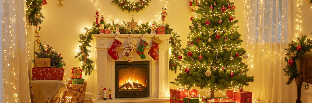 Christmas tree and fireplace decorated with warm white fairy lights, creating a festive atmosphere.