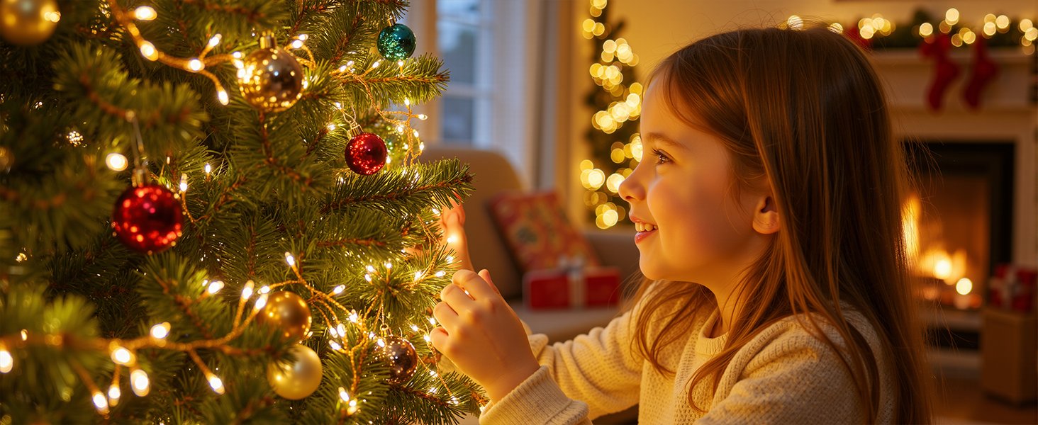 Young girl admiring a decorated Christmas tree with fairy lights and ornaments, fireplace in background