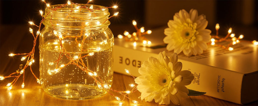 Firecracker fairy lights with copper wire draped around a glass jar of water and on a book with white flowers