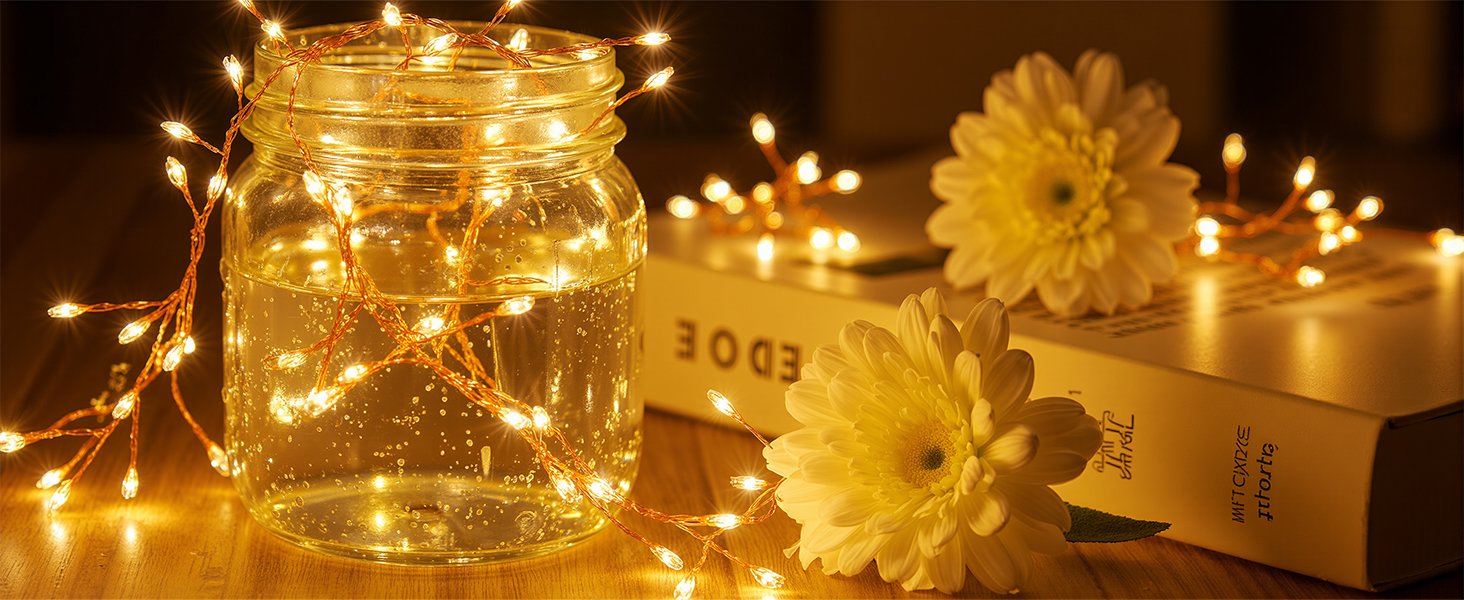 Firecracker fairy lights with copper wire draped around a glass jar of water and on a book with white flowers