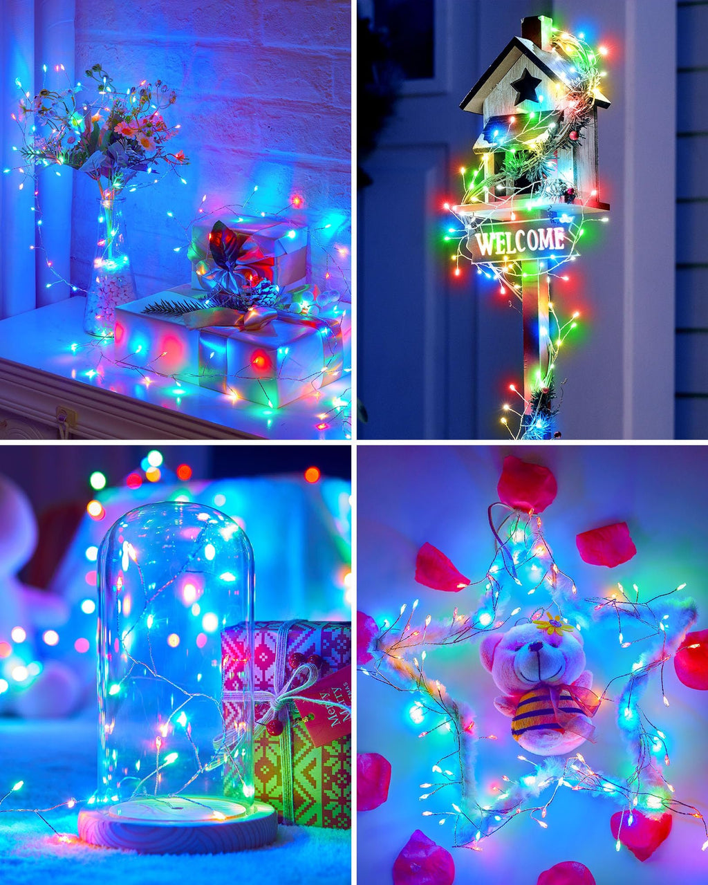 Firecracker fairy lights with multicolor LEDs decorating a vase of flowers, gifts, a birdhouse, and a teddy bear.