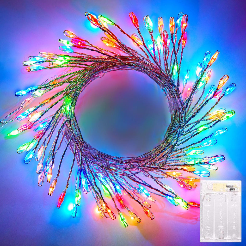 Close-up of multicolor firecracker fairy lights arranged in a circle, with a battery pack visible in the lower right corner.