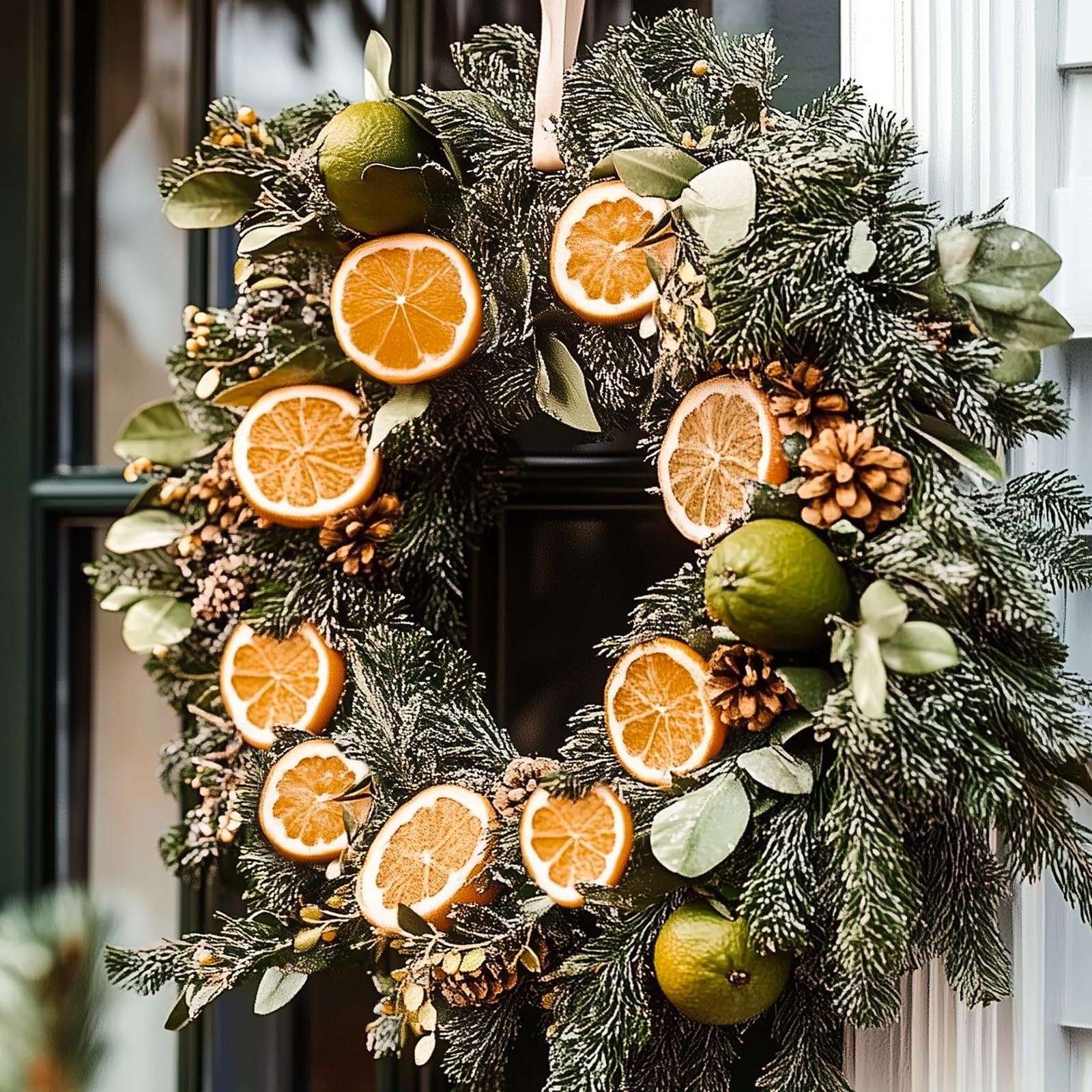 Christmas wreath with dried orange slices, limes, pinecones, and evergreen branches