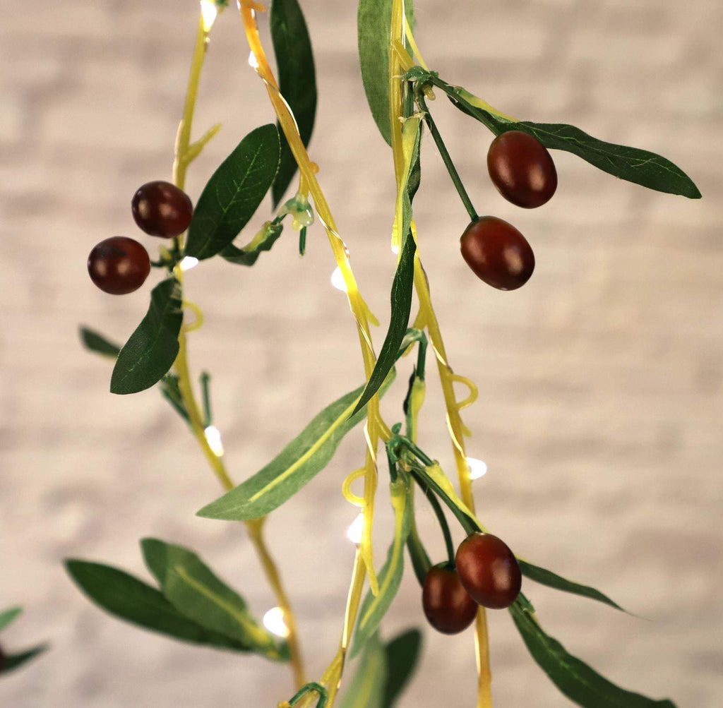 Olive branch garland string lights with warm white LEDs and faux olive fruits and leaves.