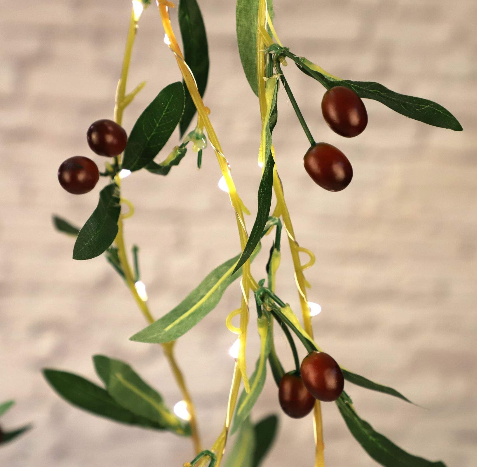 Olive branch garland string lights with warm white LEDs and faux olive fruits and leaves.