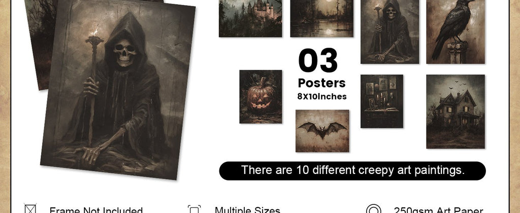 Collection of 10 Halloween dark art prints featuring grim reaper, haunted house, pumpkin, and bat motifs.