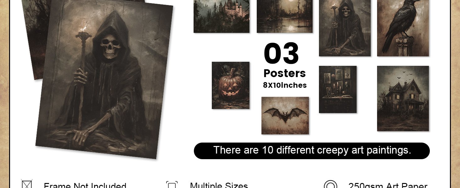 Collection of 10 Halloween dark art prints featuring grim reaper, haunted house, pumpkin, and bat motifs.