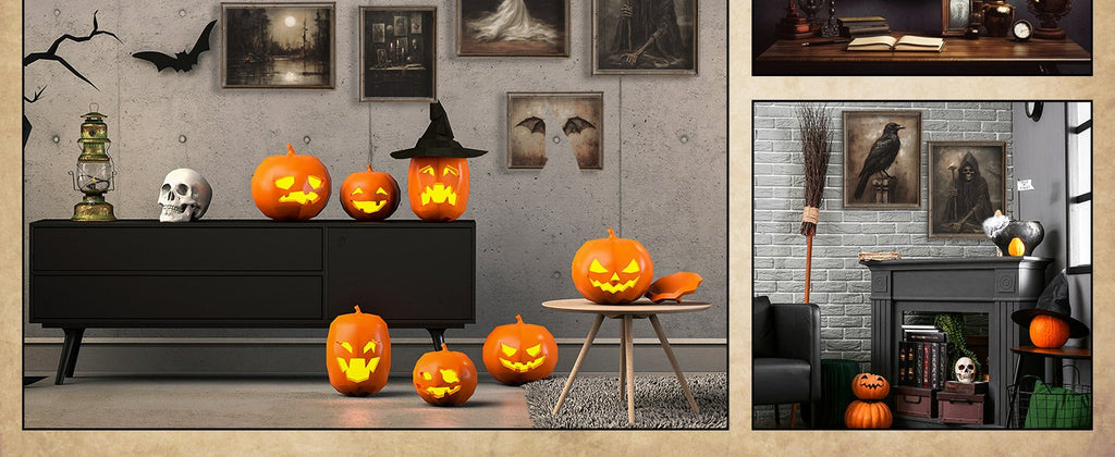 Halloween decor scene with carved pumpkins, skull, lantern, and framed art on a concrete wall.
