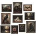 Collection of 10 framed Halloween dark art prints featuring a castle, haunted house, bat, raven, ghost, spooky forest, jack-o-lantern, and grim reaper.