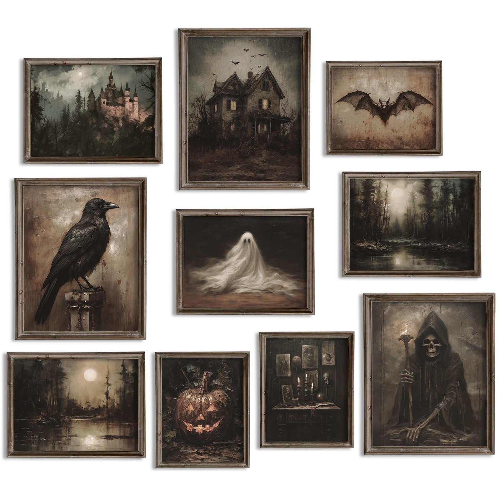Collection of 10 framed Halloween dark art prints featuring a castle, haunted house, bat, raven, ghost, spooky forest, jack-o-lantern, and grim reaper.