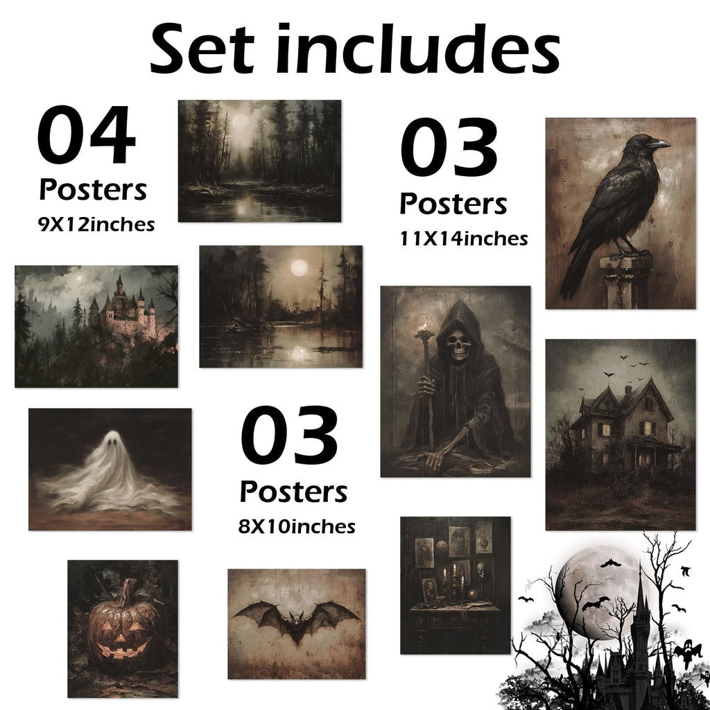 Collage of Halloween dark art prints including a castle, ghost, raven, haunted house, pumpkin, bat, and grim reaper.