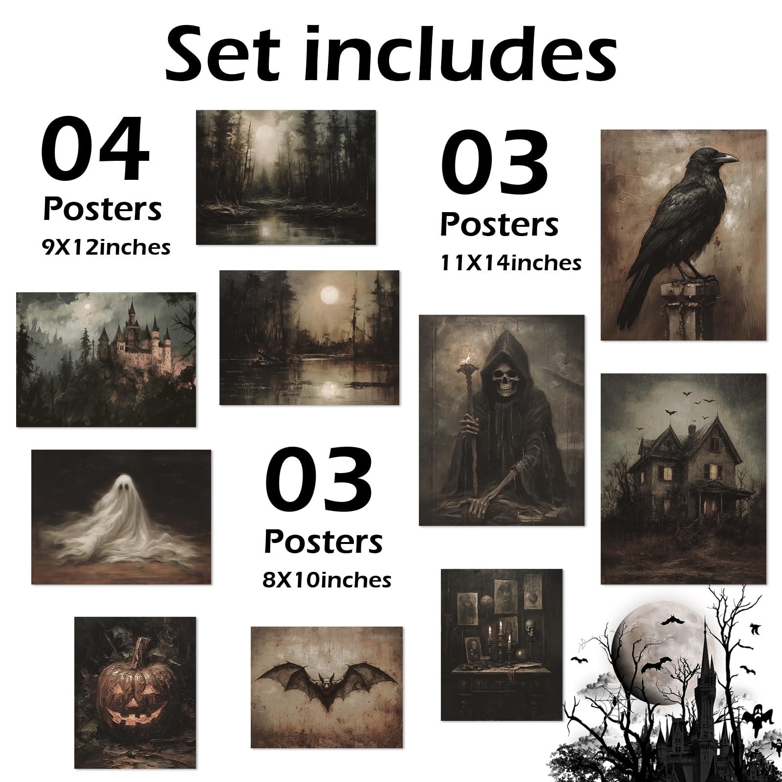 Collage of Halloween dark art prints including a castle, ghost, raven, haunted house, pumpkin, bat, and grim reaper.