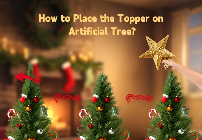 Golden star tree topper being placed on an artificial Christmas tree, with instructional arrows and decorated trees in the background.