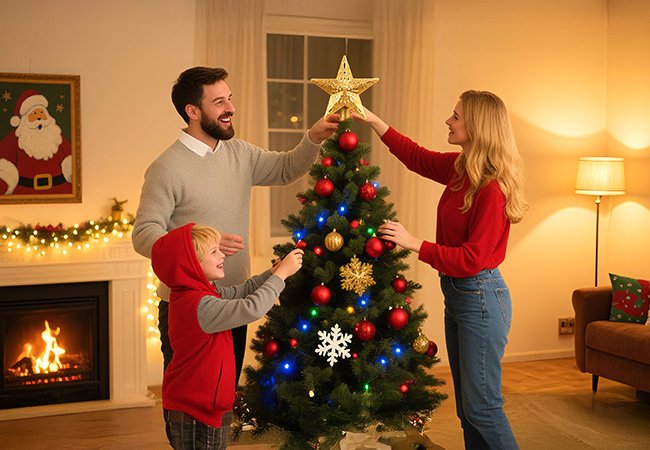 Family decorating a Christmas tree with a star topper and ornaments in a cozy living room with a fireplace.