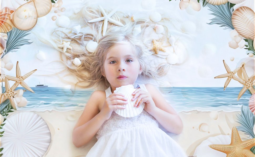 Young girl lying on a beach scene with seashells and starfish, holding a large scallop shell.