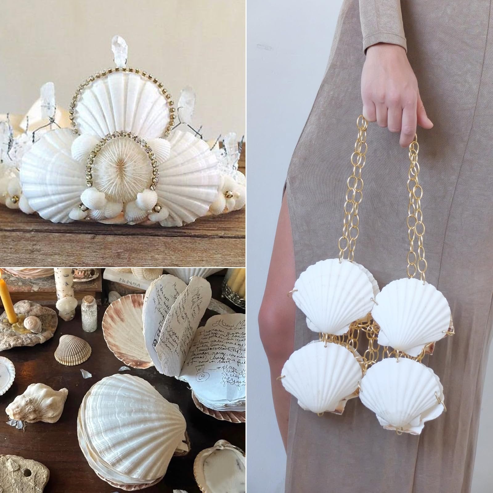 Collage of seashell crafts: a crown-like headpiece, a flat lay of shells and notes, and a handbag made of shells.