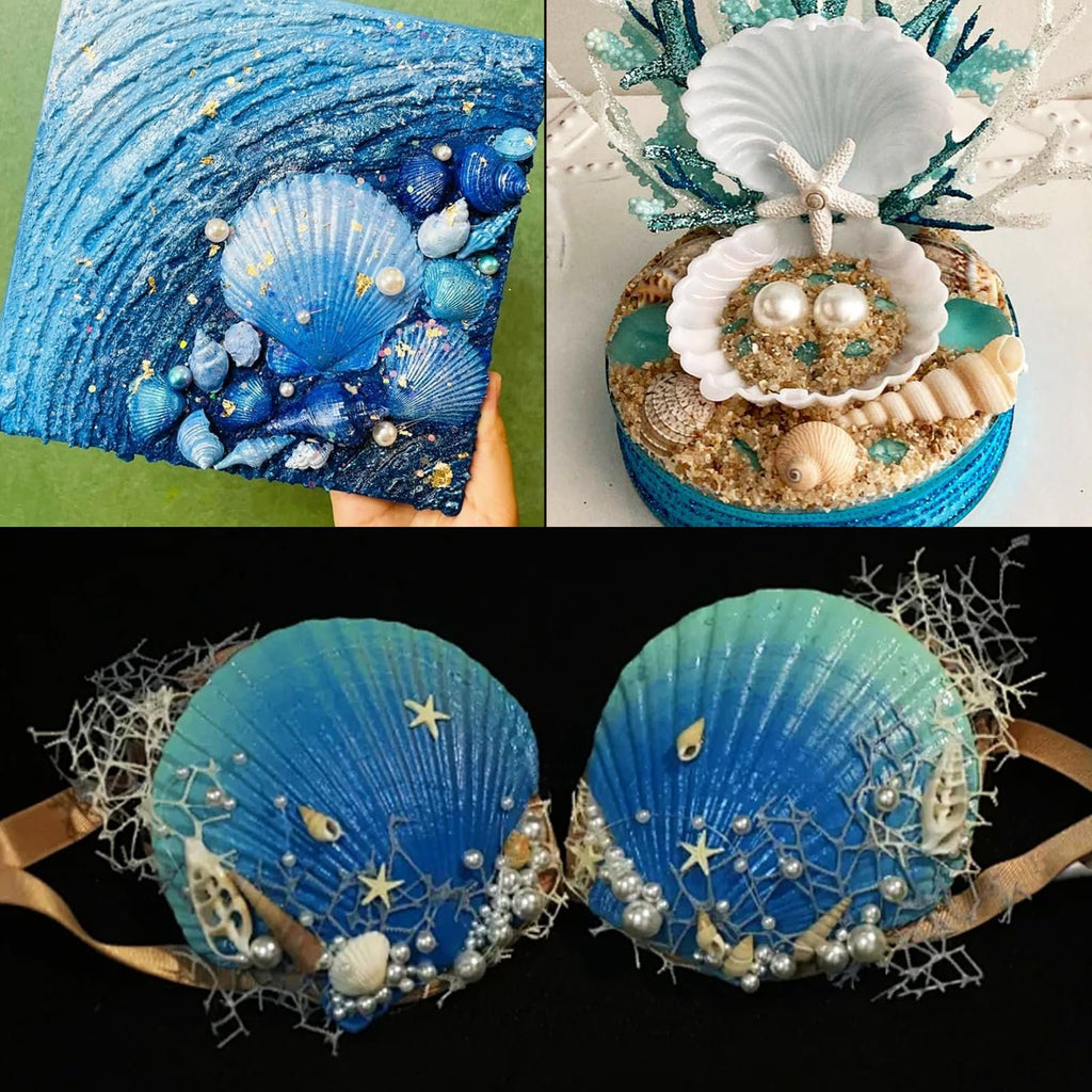 Collage of three ocean-themed craft projects featuring various seashells, pearls, and decorative elements.