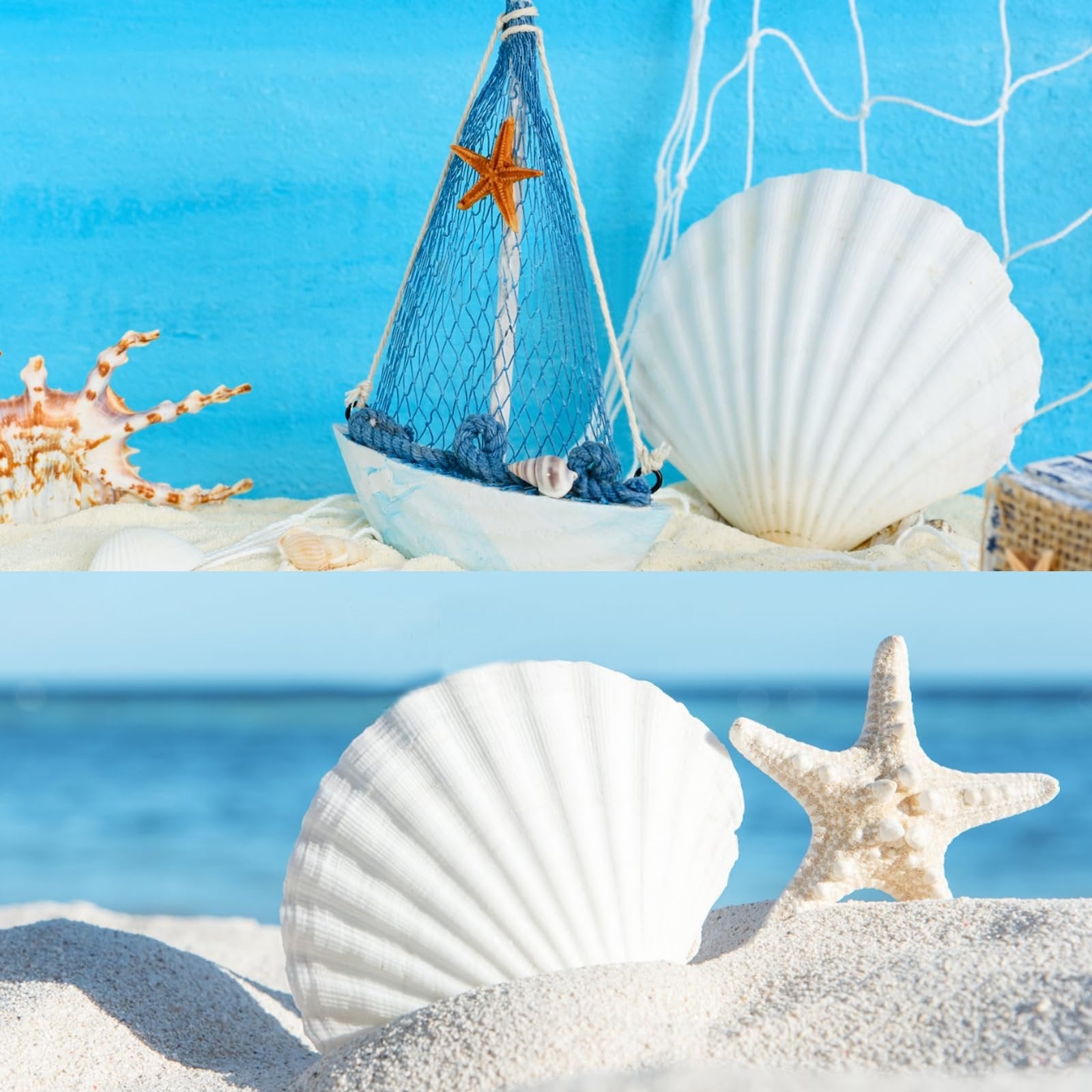 Two decorative beach scenes with seashells, a toy sailboat, and a starfish on sand against a blue background and ocean backdrop.