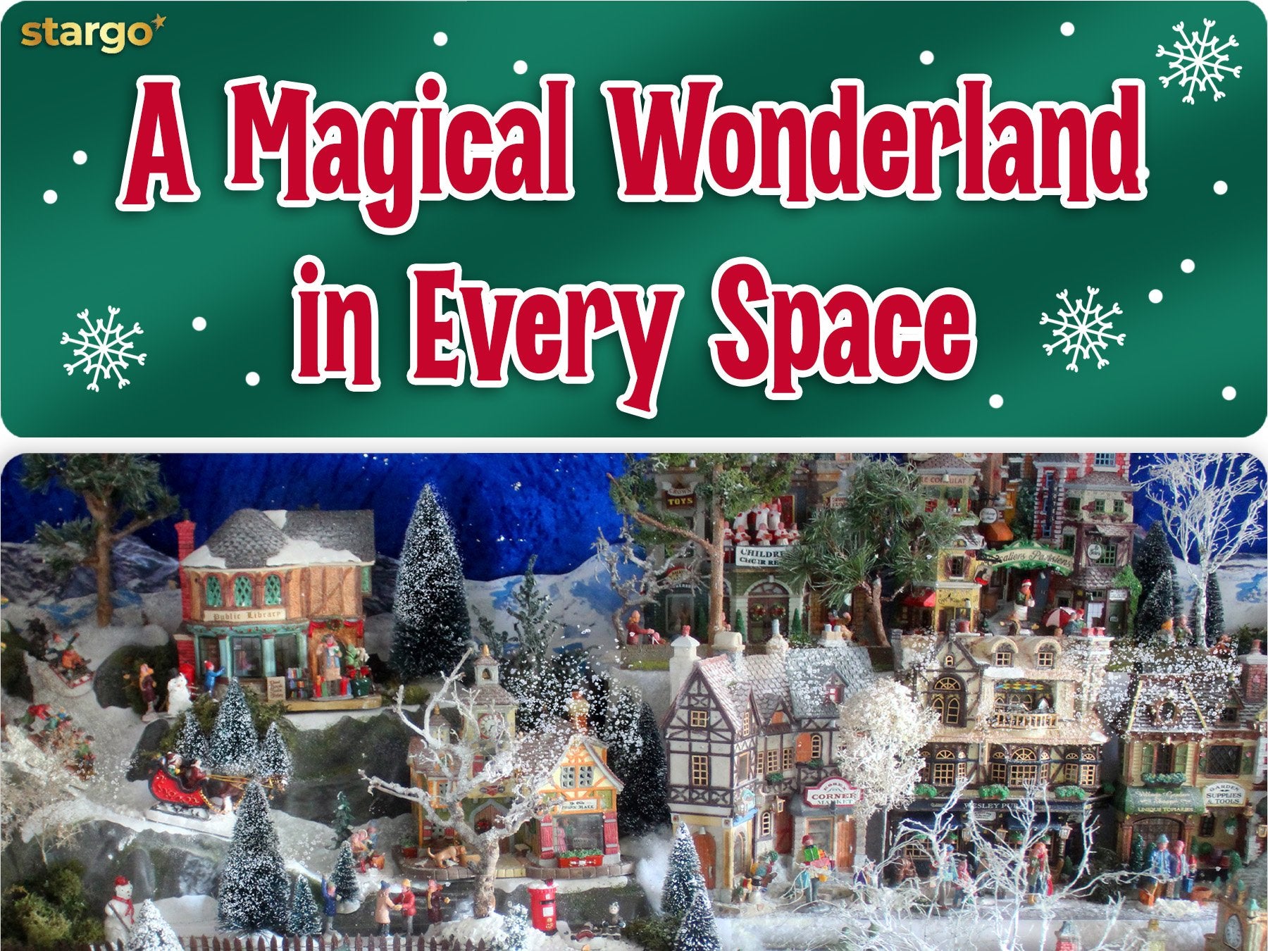 Christmas village scene with snow-covered houses, trees, and figures, under a green banner with white text.
