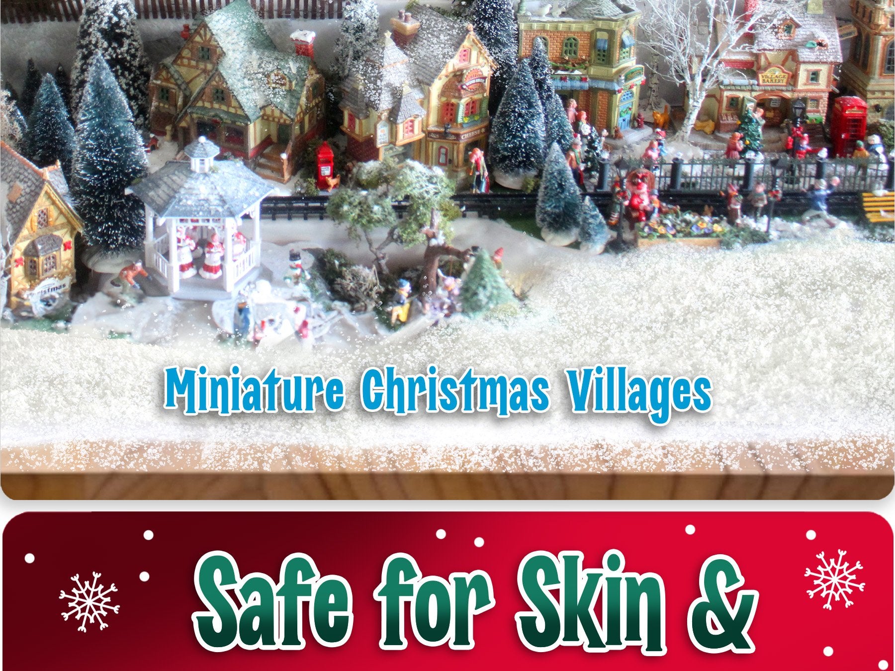 Miniature Christmas village scene with houses, trees, and figures covered in artificial snow, with text overlays.