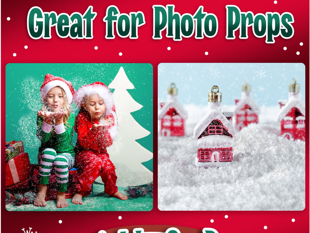 Two children in pajamas blowing fake snow, with Christmas village houses in snow in the background.