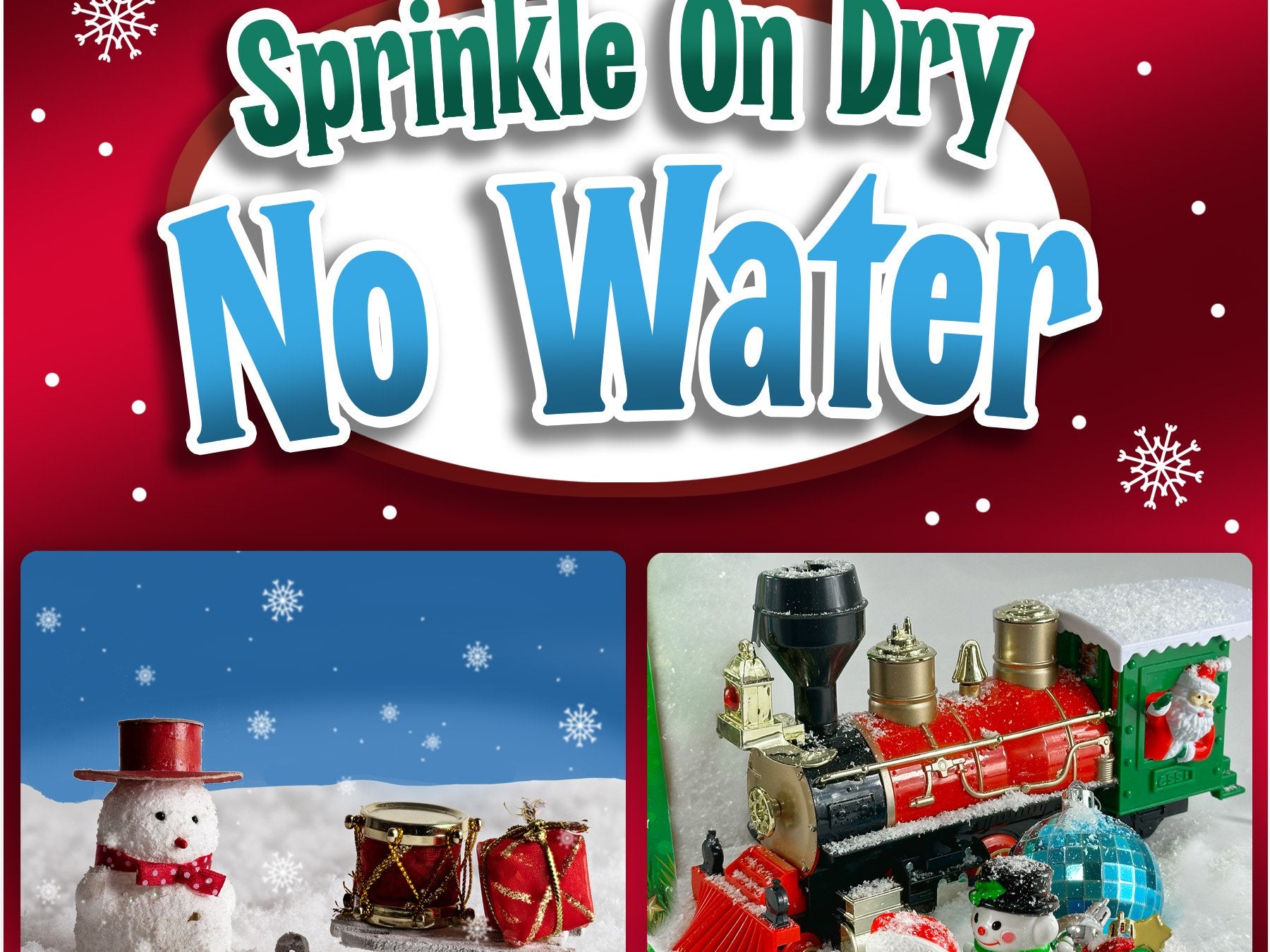 Christmas village scene with a snowman and drums, and a toy train with Santa in the caboose, surrounded by artificial snow.