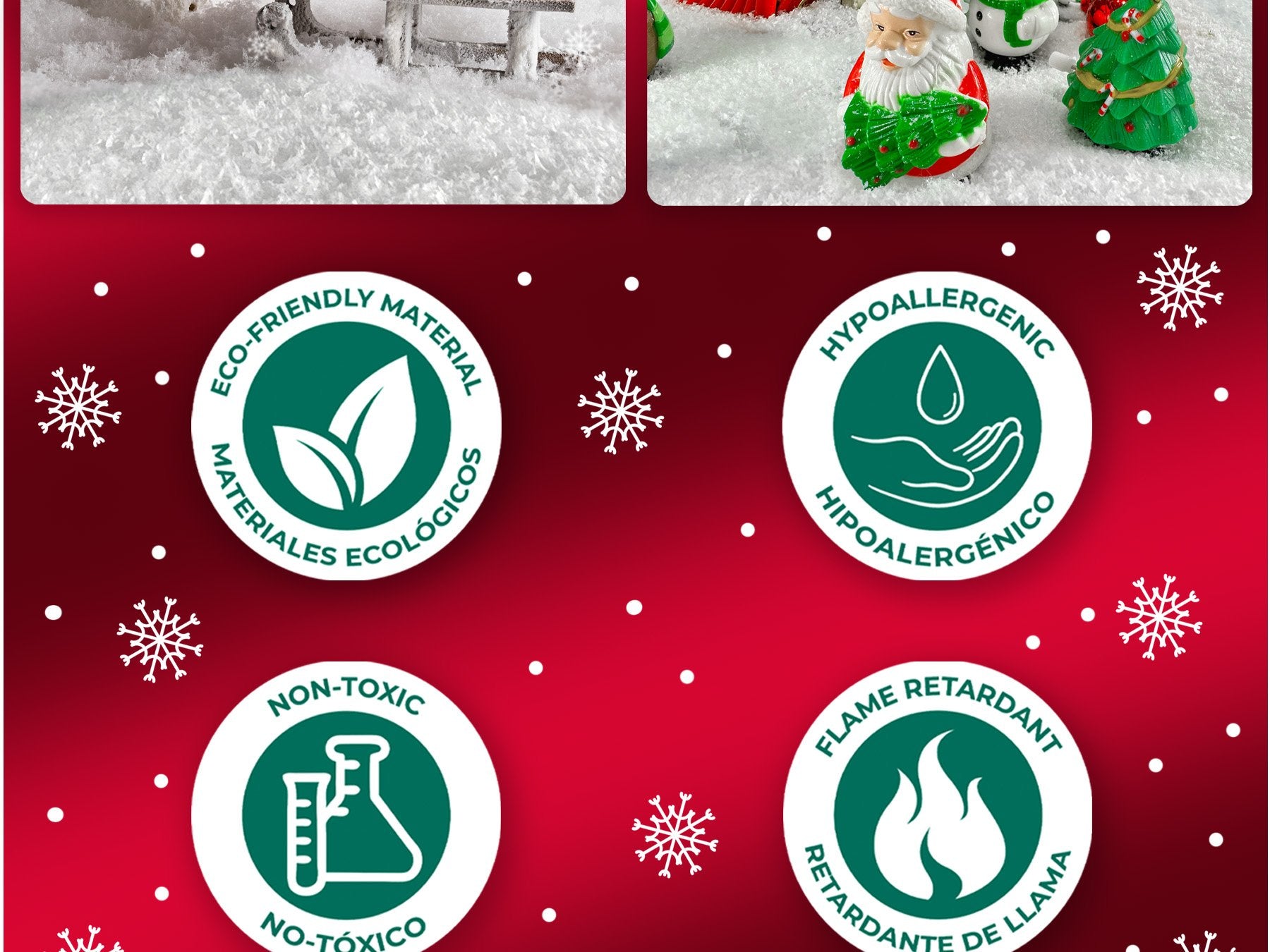 Four circular icons with text describing product features: eco-friendly material, hypoallergenic, non-toxic, and flame retardant, set against a red background with snowflakes.