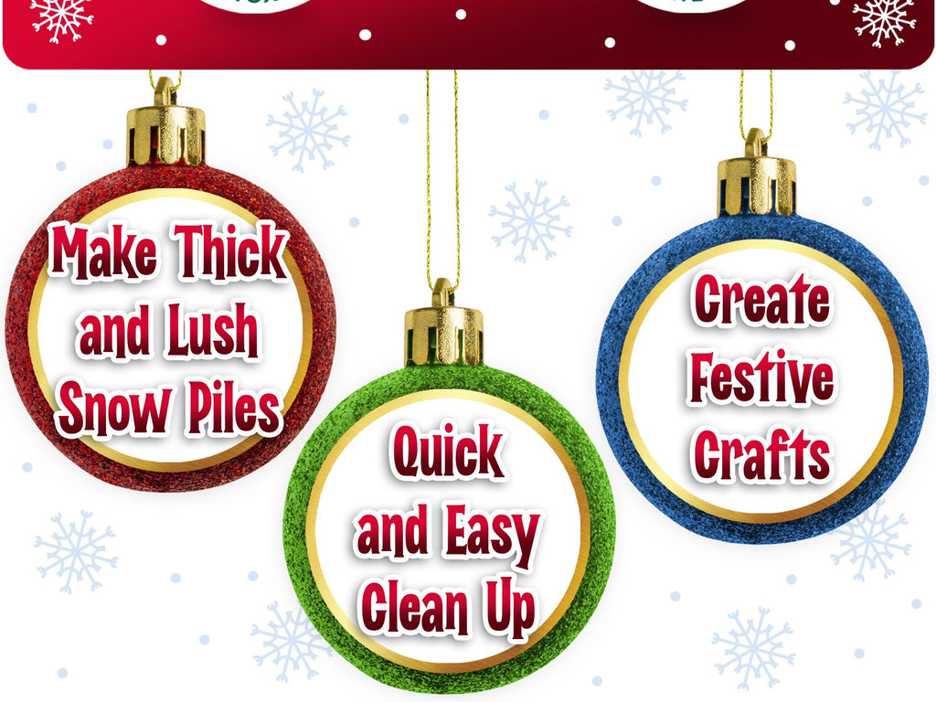 Three decorative Christmas ornaments with text overlays about craft snow.