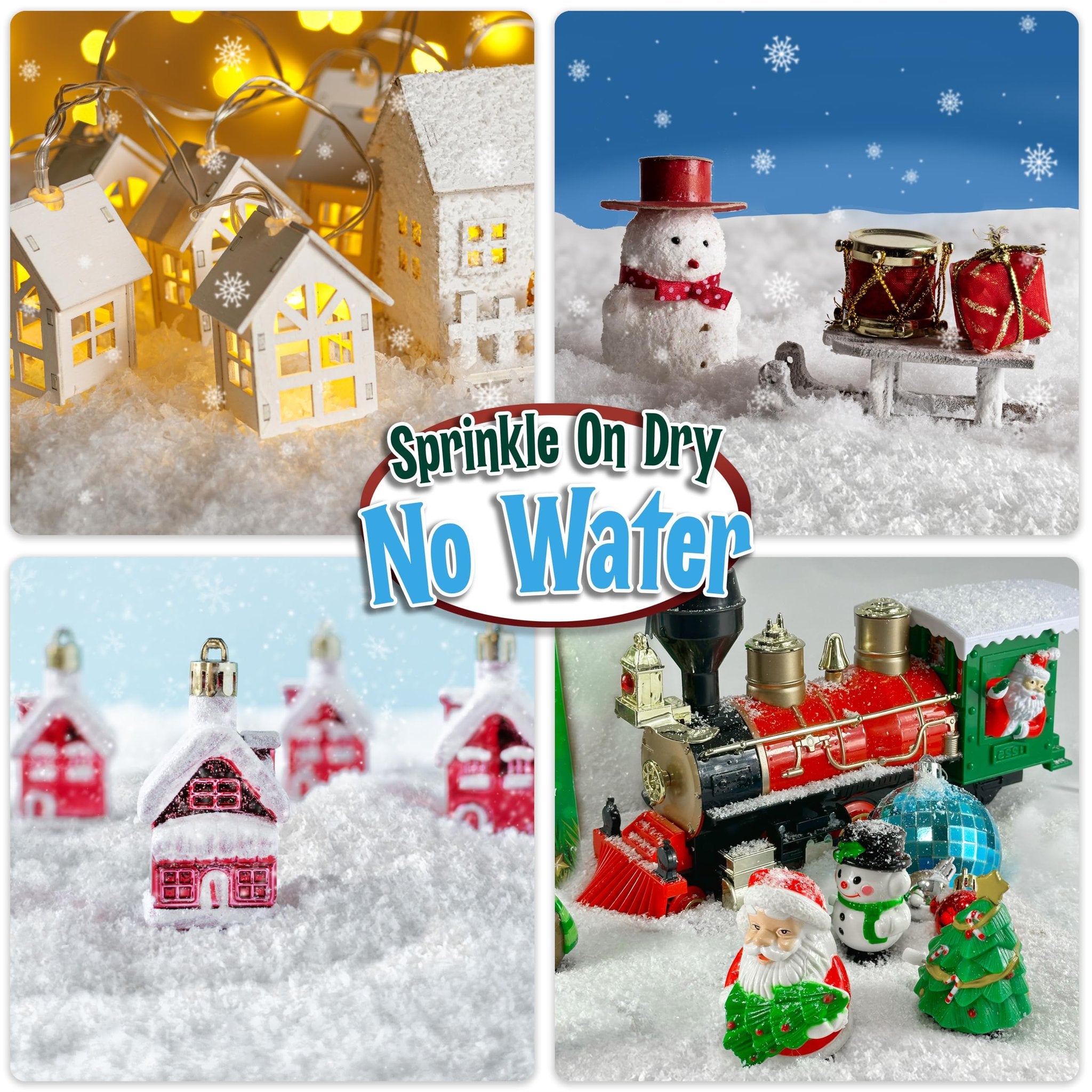 Collage of Christmas village scenes with artificial snow, including house lights, a snowman on a sled, and a toy train with Santa and a Christmas tree.