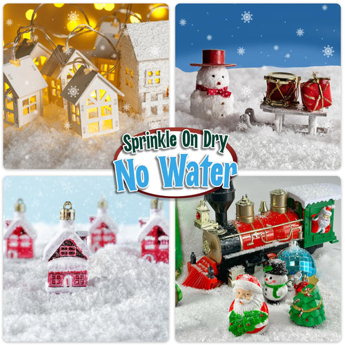 Collage of Christmas village scenes with artificial snow, including house lights, a snowman on a sled, and a toy train with Santa and a Christmas tree.