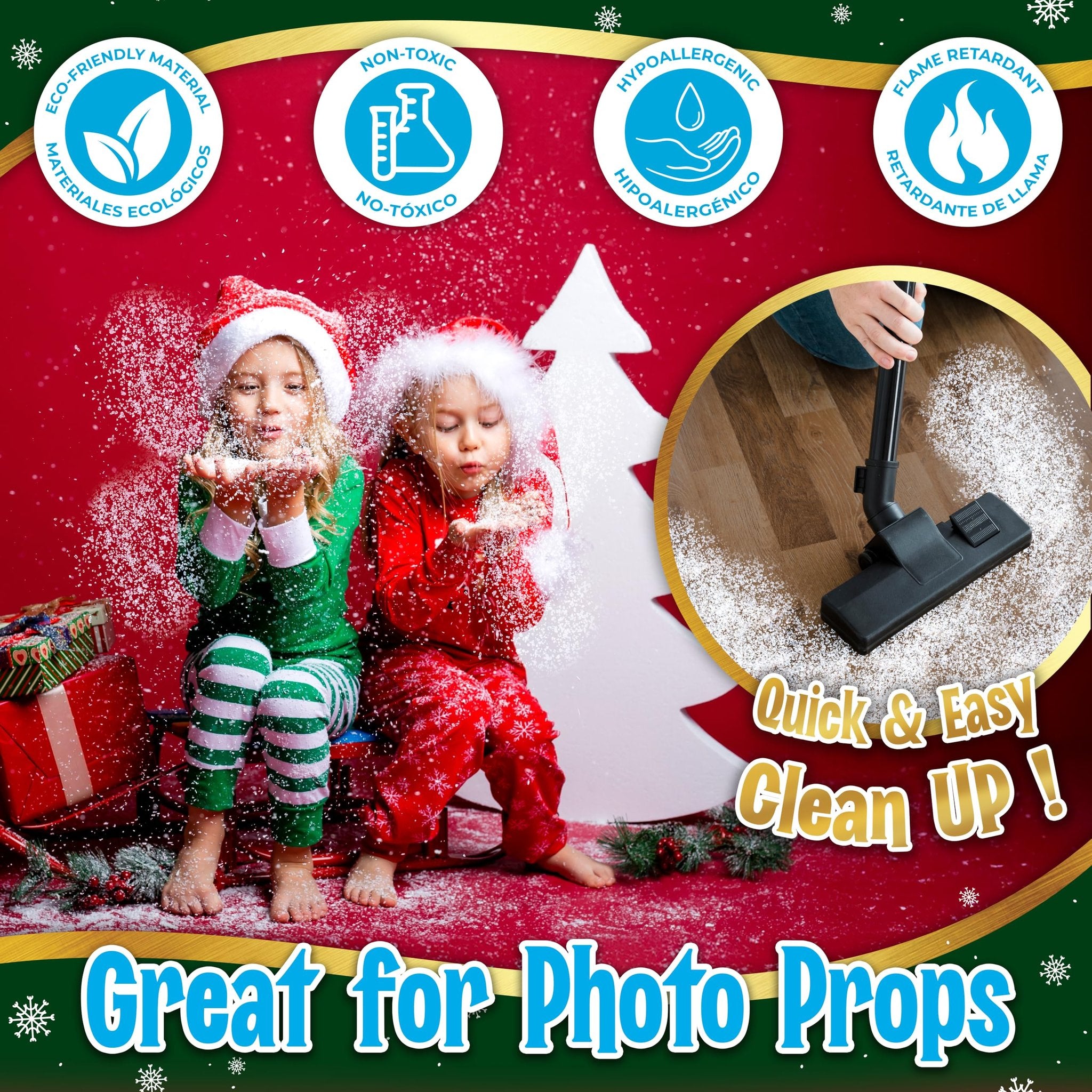 Two children in Santa hats blowing artificial snow, with a vacuum cleaner and text overlays.