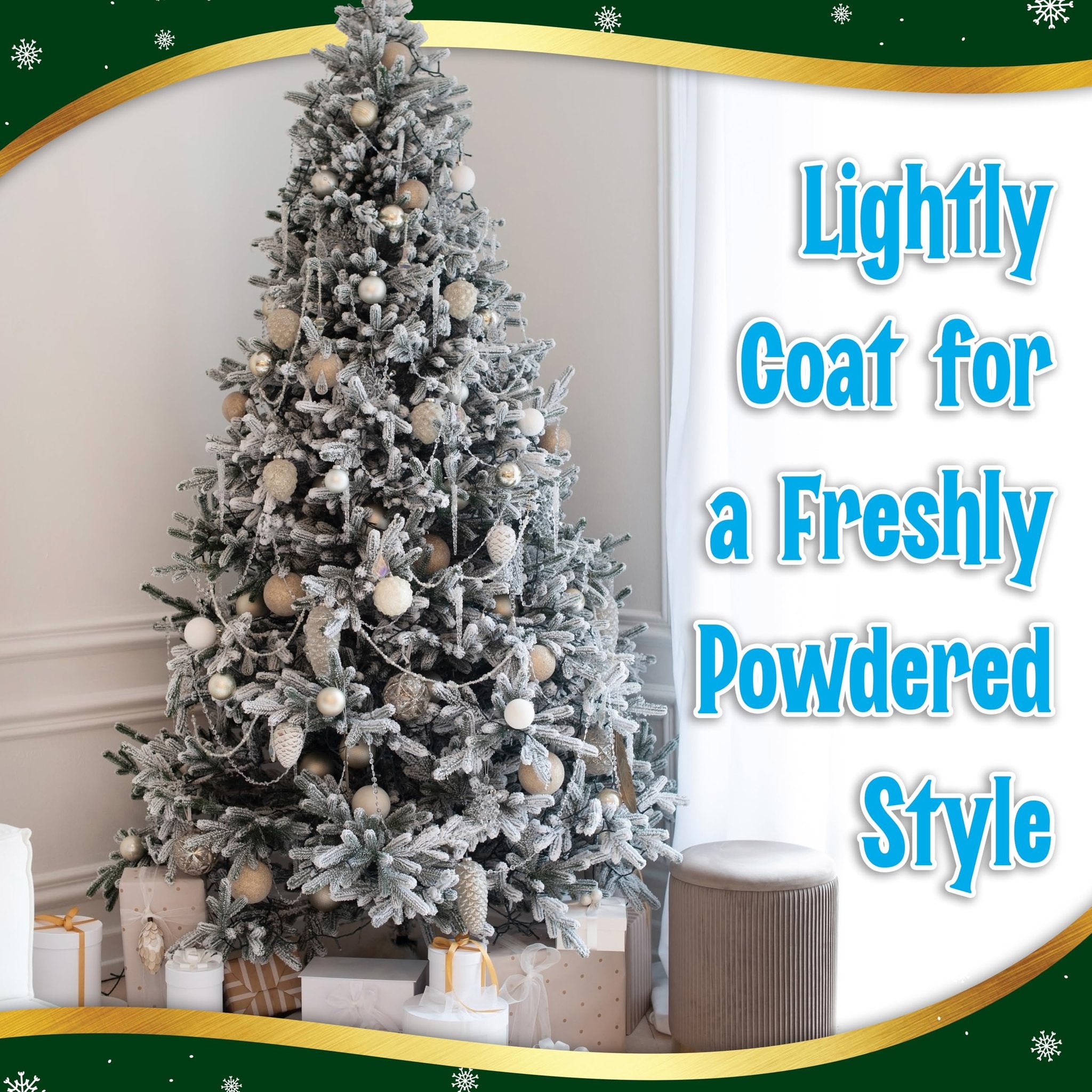Flocked Christmas tree with ornaments and gifts, with text overlay about a powdered style.