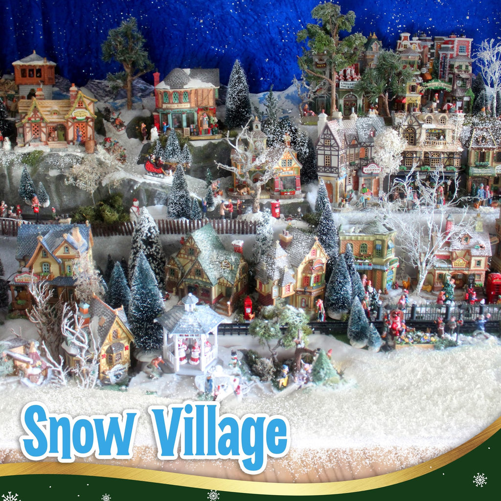 Christmas village scene with snow-covered houses, trees, and tiny figures, with a blue starry background and 'Snow Village' text overlay.