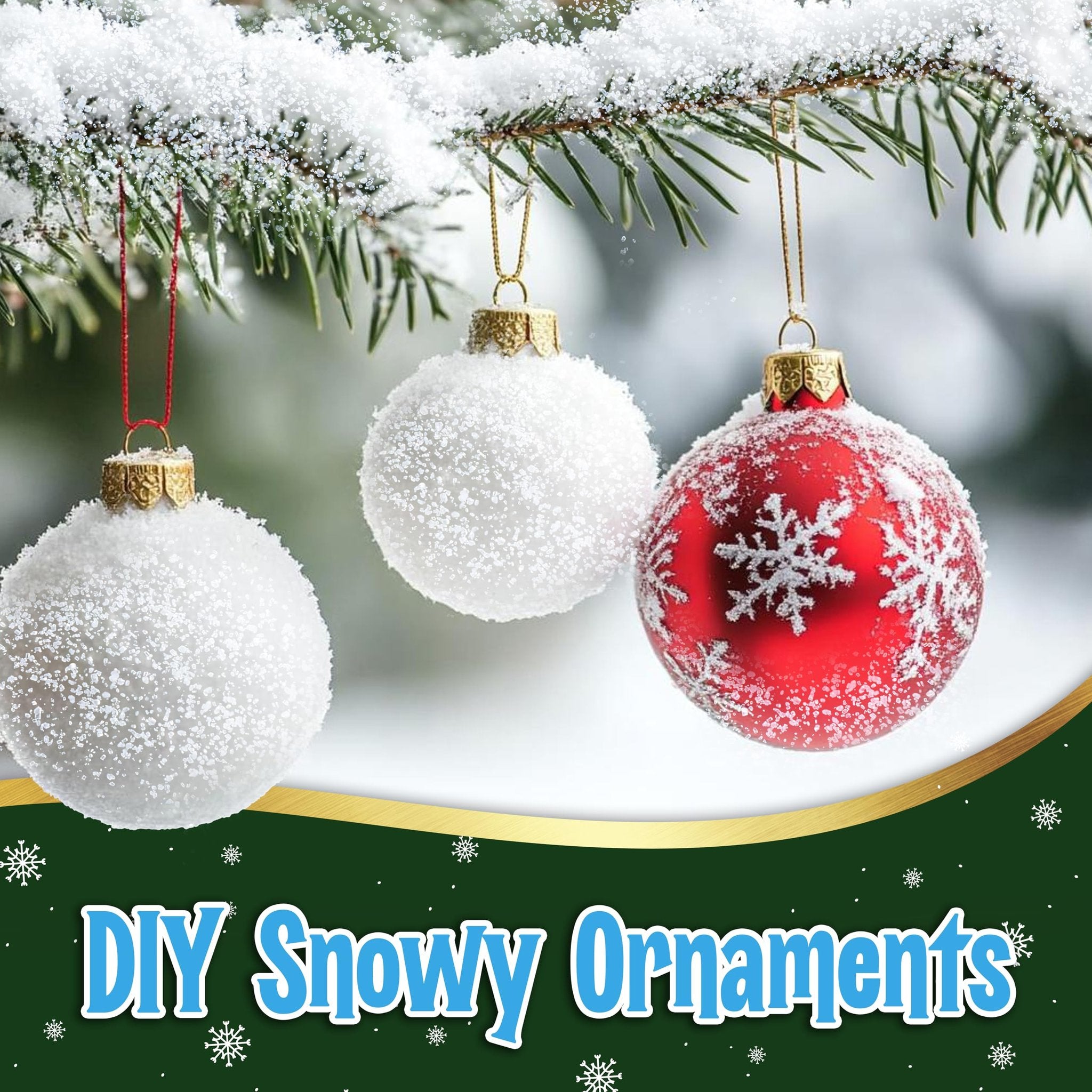 Three Christmas ornaments, two covered in faux snow and one red with white snowflakes, hang from a snow-dusted pine branch.