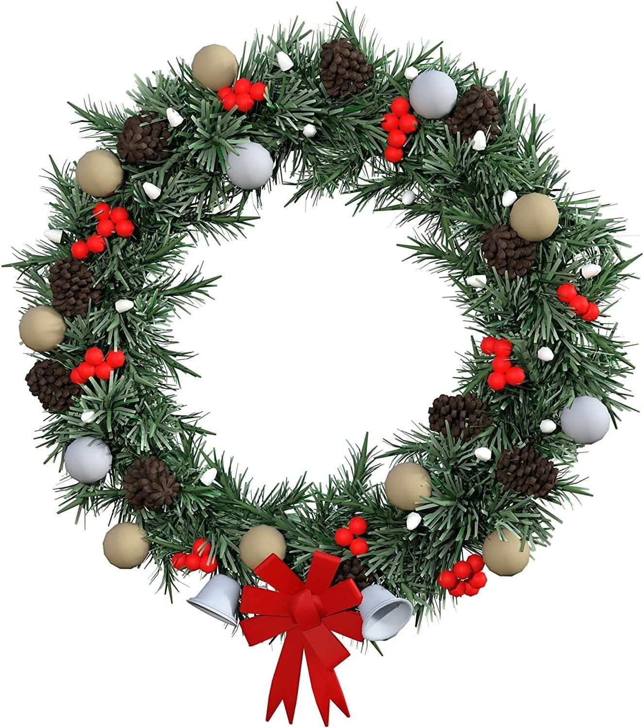 Christmas wreath with pinecones, red berries, white accents, and a red bow with bells