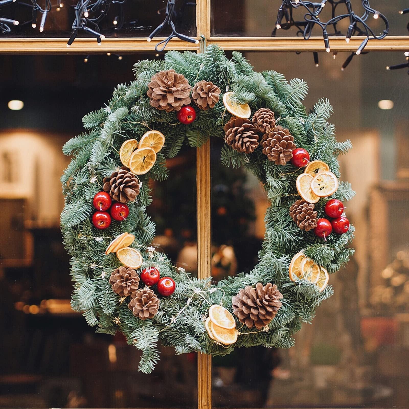 Festive Christmas wreath with pine cones, dried oranges, and red berries hanging on a window with fairy lights.