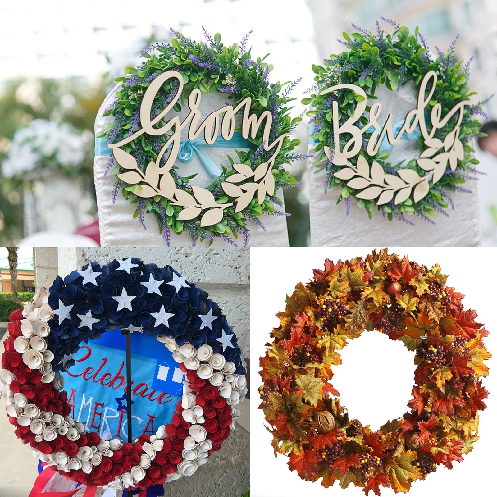 Four decorative wreaths: two with 'Groom' and 'Bride' text, one patriotic American flag design, and one autumn leaf wreath.