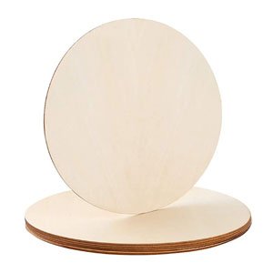 Stack of 12-inch unfinished wood circles, 1/8 inch thick, shown from a slight angle on a white background.