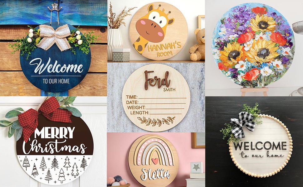 Collage of six decorative wooden circular signs with various designs and text, including welcome, Christmas, and personalized names.