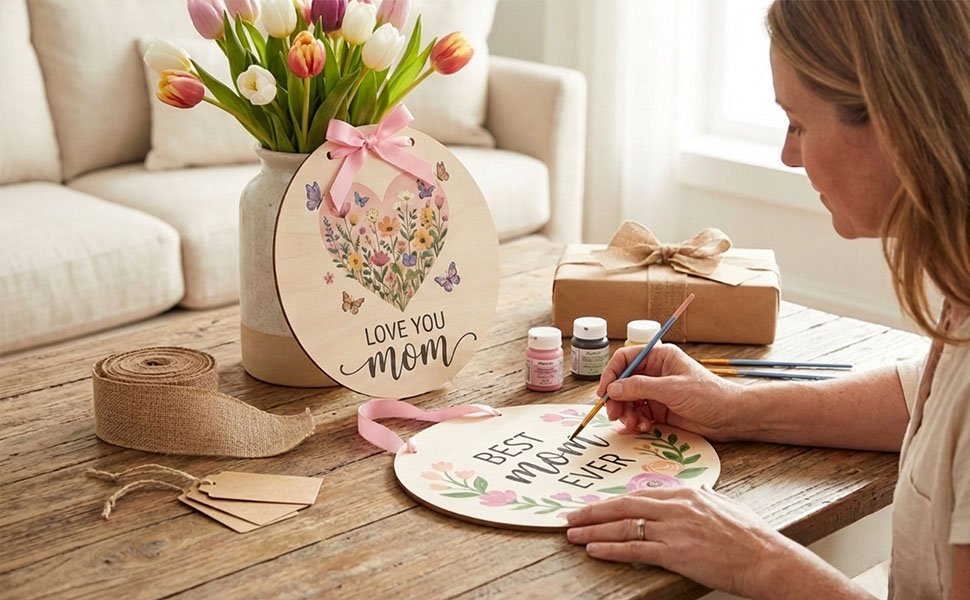 Woman painting a wooden circle craft with the words 'BEST MOM EVER' and floral designs.
