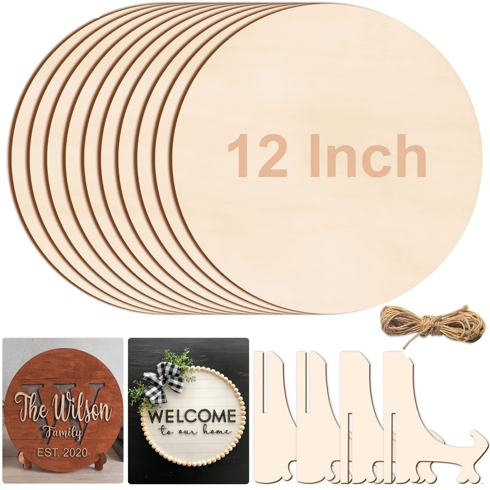 Stack of ten 12-inch unfinished wood circles with a bundle of twine and four wooden stands
