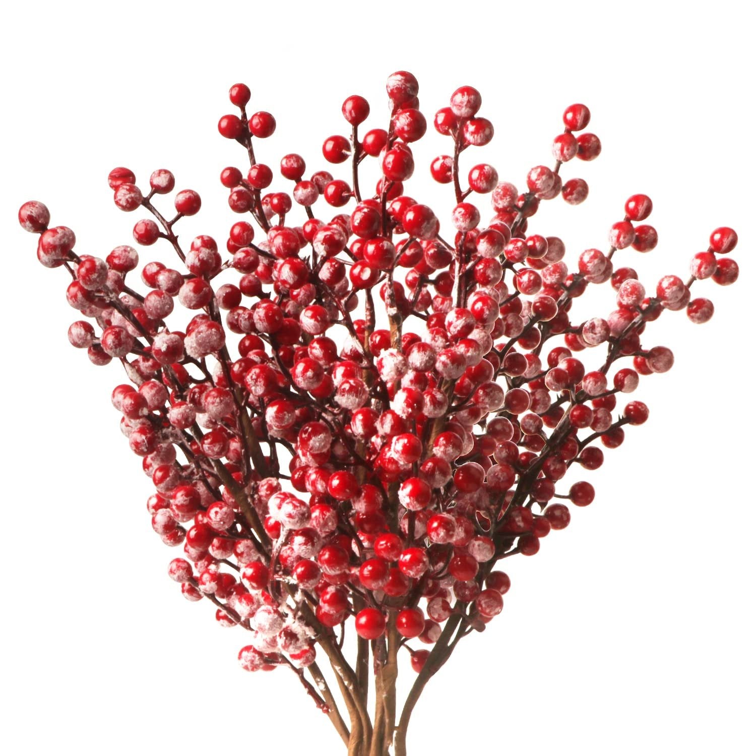 Close-up of a bunch of artificial snowy red berry stems with white frosted tips, isolated on a white background.