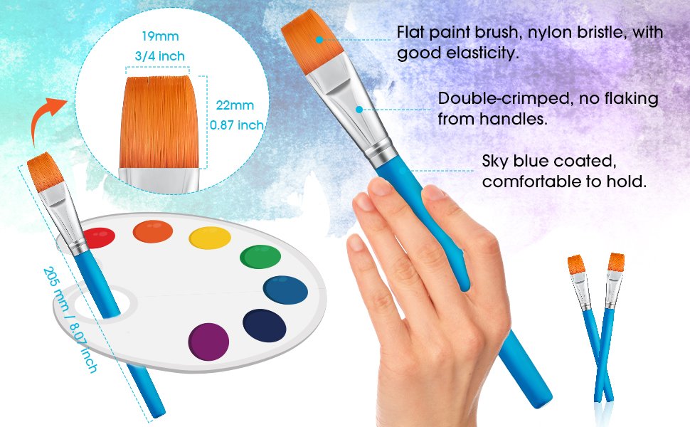 Flat paint brush with sky blue handle held by a hand, next to a paint palette and two smaller brushes. Dimensions are shown.