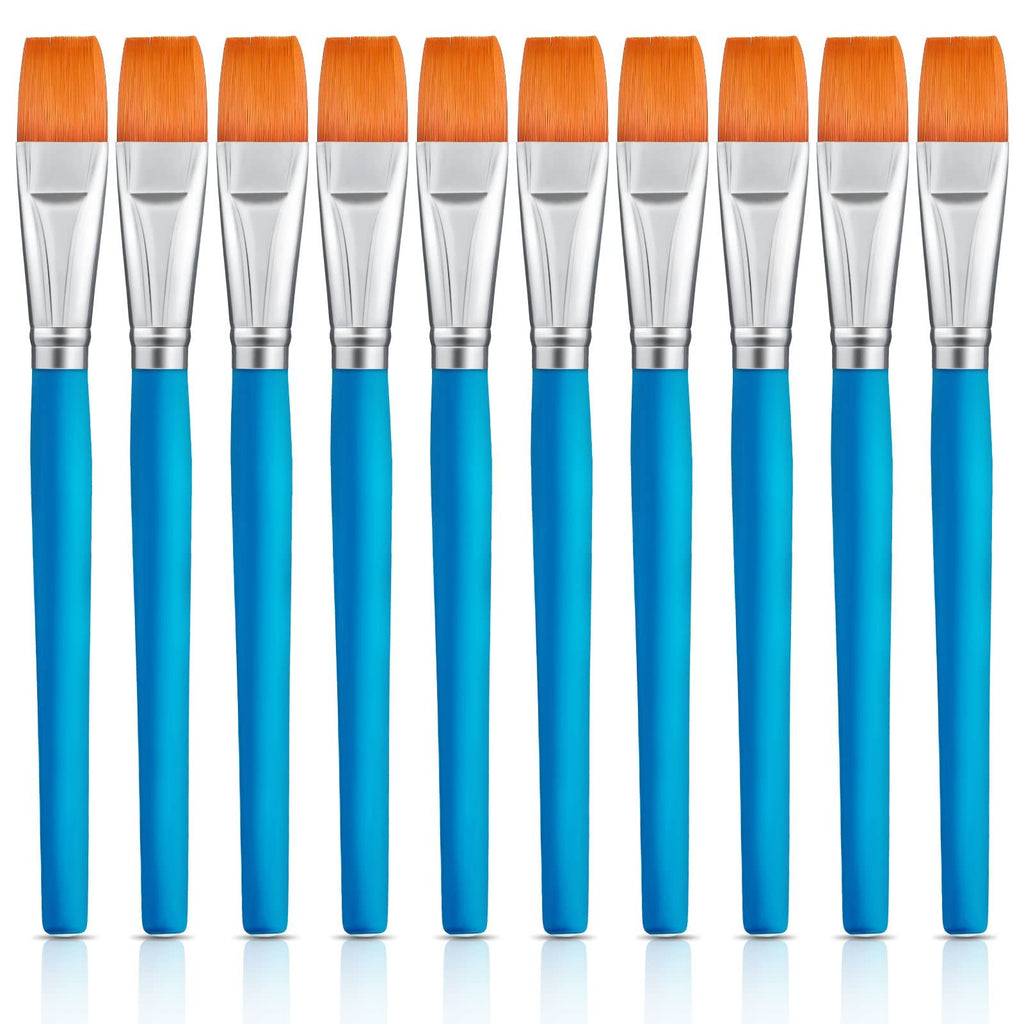 Ten flat nylon paint brushes with orange bristles and blue handles arranged in a row.