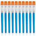 Ten flat nylon paint brushes with orange bristles and blue handles arranged in a row.
