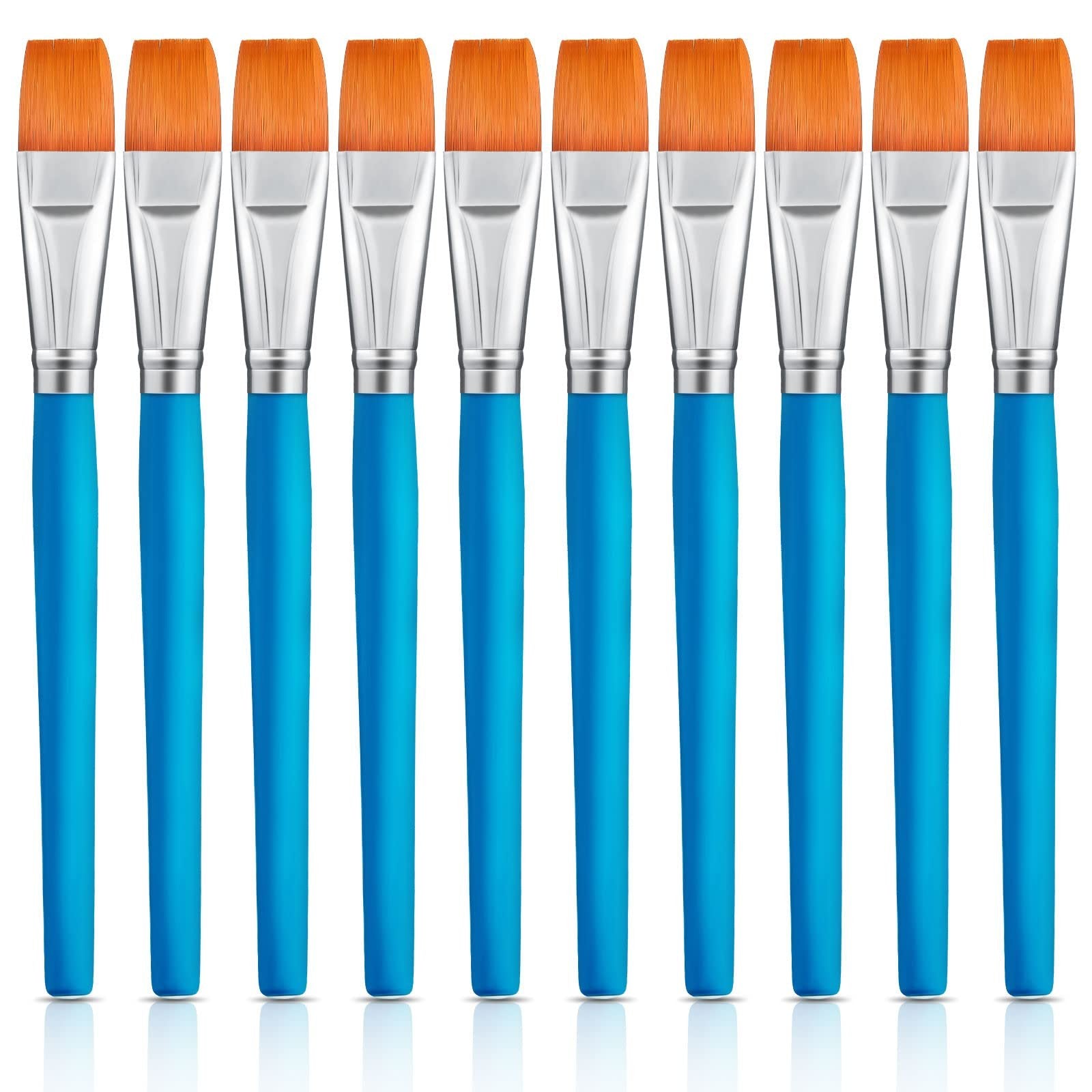 Ten flat nylon paint brushes with orange bristles and blue handles arranged in a row.