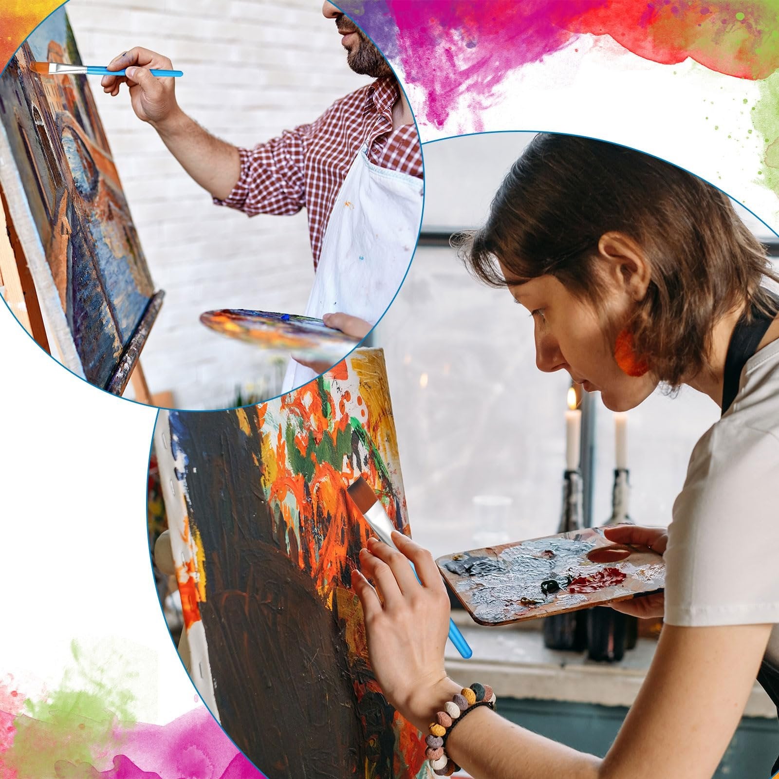 Two artists painting on canvases with palettes and brushes, colorful watercolor splashes in background