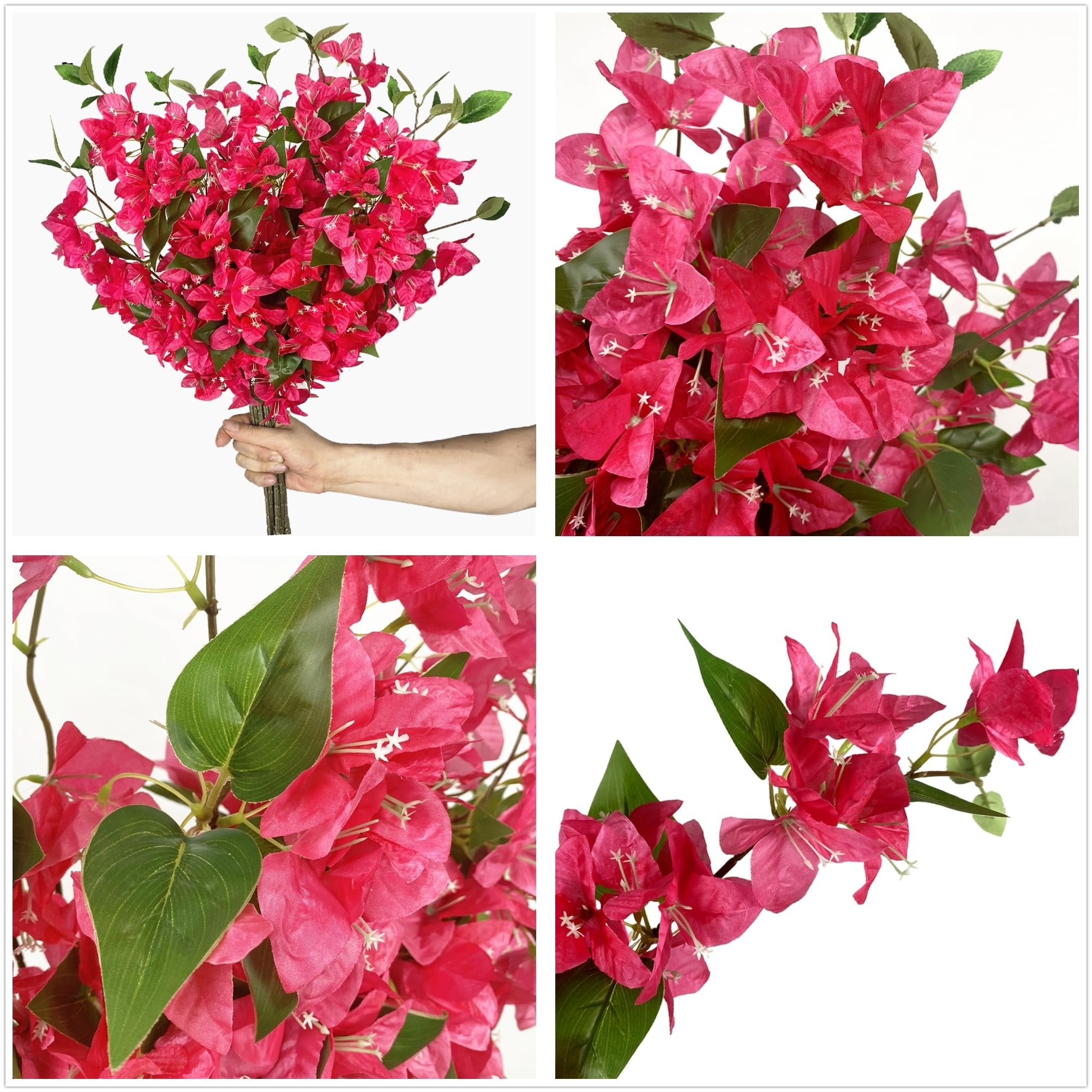Collage of artificial pink bougainvillea flower vines with green leaves, one showing a hand holding the stems.